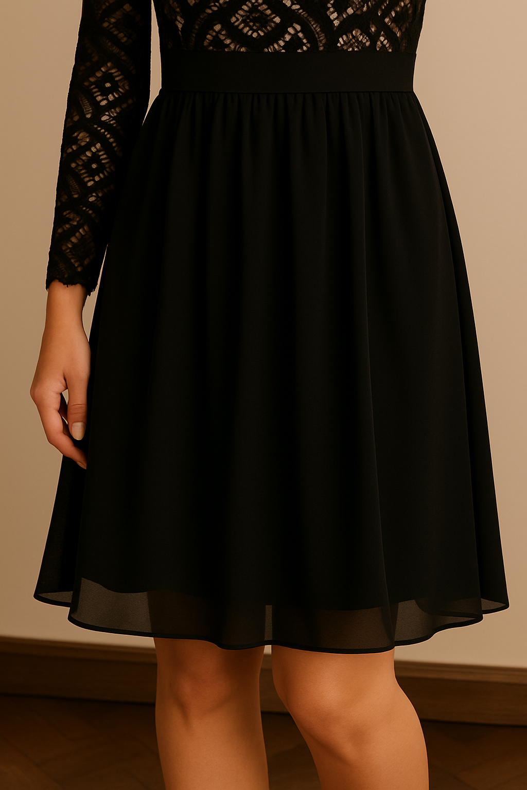 Vestido Cashia Boston, color negro, sin hombros, con diseño plisado y manga larga, de encaje, detalle del bajo