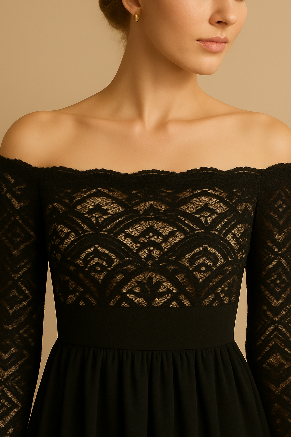 Vestido Cashia Boston, color negro, sin hombros, con diseño plisado y manga larga, de encaje, detalle escote