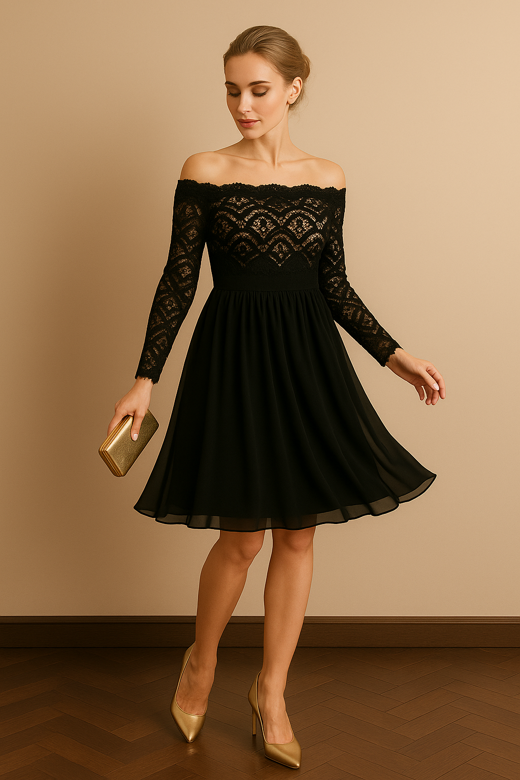 Vestido Cashia Boston, color negro, sin hombros, con diseño plisado y manga larga, de encaje, vista frontal en movimiento