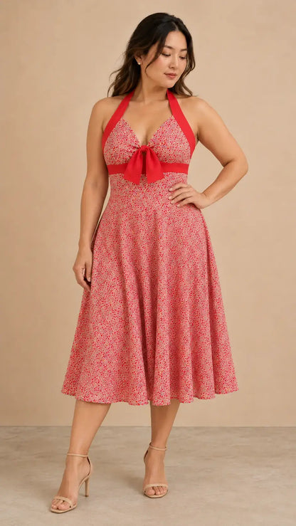 Modelo Cashia asiática talla L con cabello negro largo suelto y vestido Cashia Cádiz rojo floral, en pose dinámica sobre fondo nude.