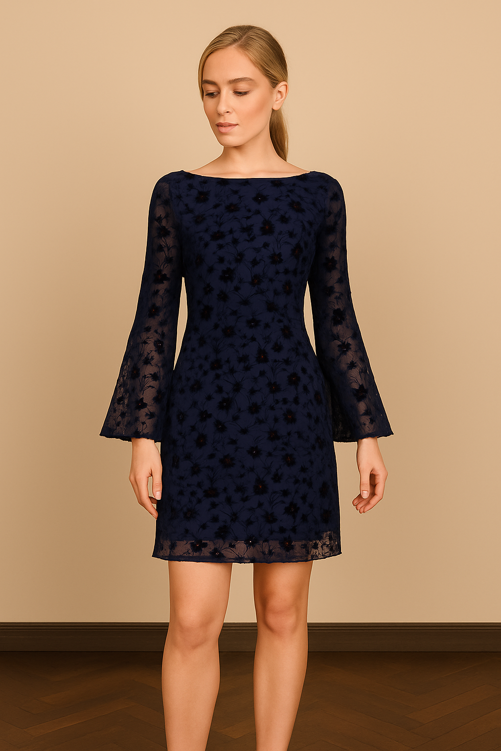 Vestido Cashia Chicago, azul marino con encaje y mangas transparentes y acampanadas, vista frontal