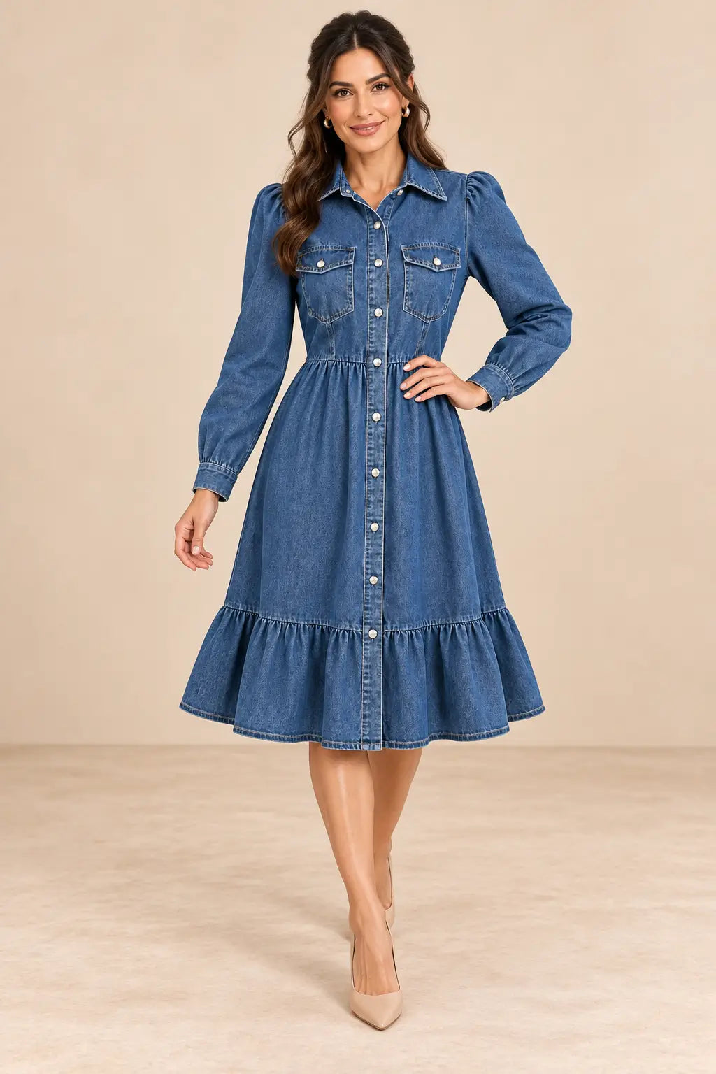 Vestido Cashia Denim Siena azul, vista frontal sobre modelo morena con pelo semirecogido.