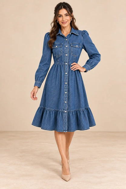 Vestido Cashia Denim Siena azul, vista frontal sobre modelo morena con pelo semirecogido.