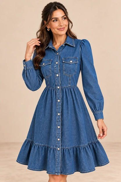 Medio plano del vestido Cashia Denim Siena azul sobre modelo morena, con cuello camisero y bolsillos de pecho.