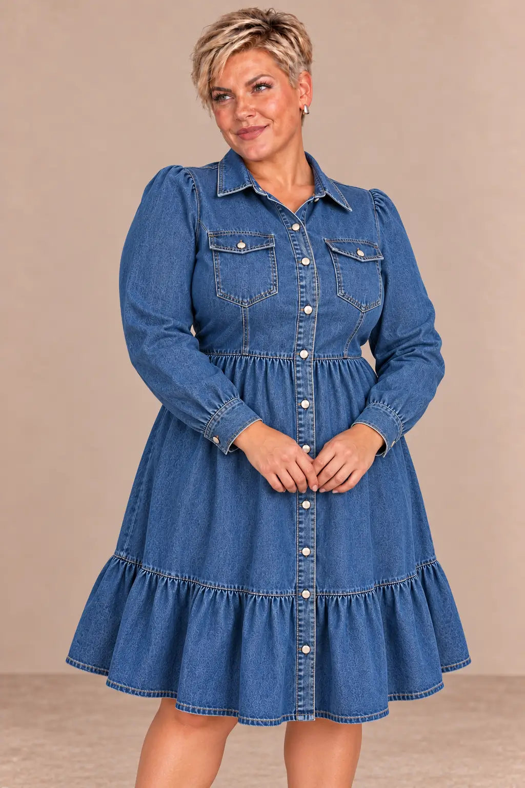 Vestido Cashia Denim Siena azul en talla 2XL sobre modelo rubia de pelo corto.