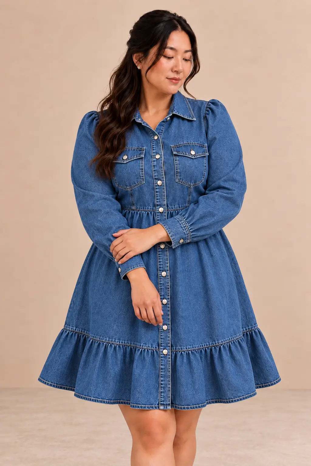 Vestido Cashia Denim Siena azul en talla L sobre modelo asiática con pelo semirecogido.