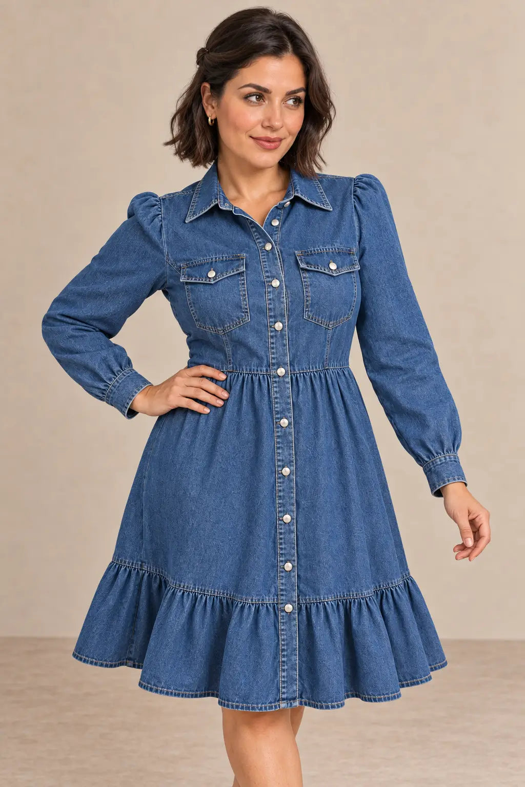 Vestido Cashia Denim Siena azul en talla M sobre modelo de cabello castaño con corte bob.
