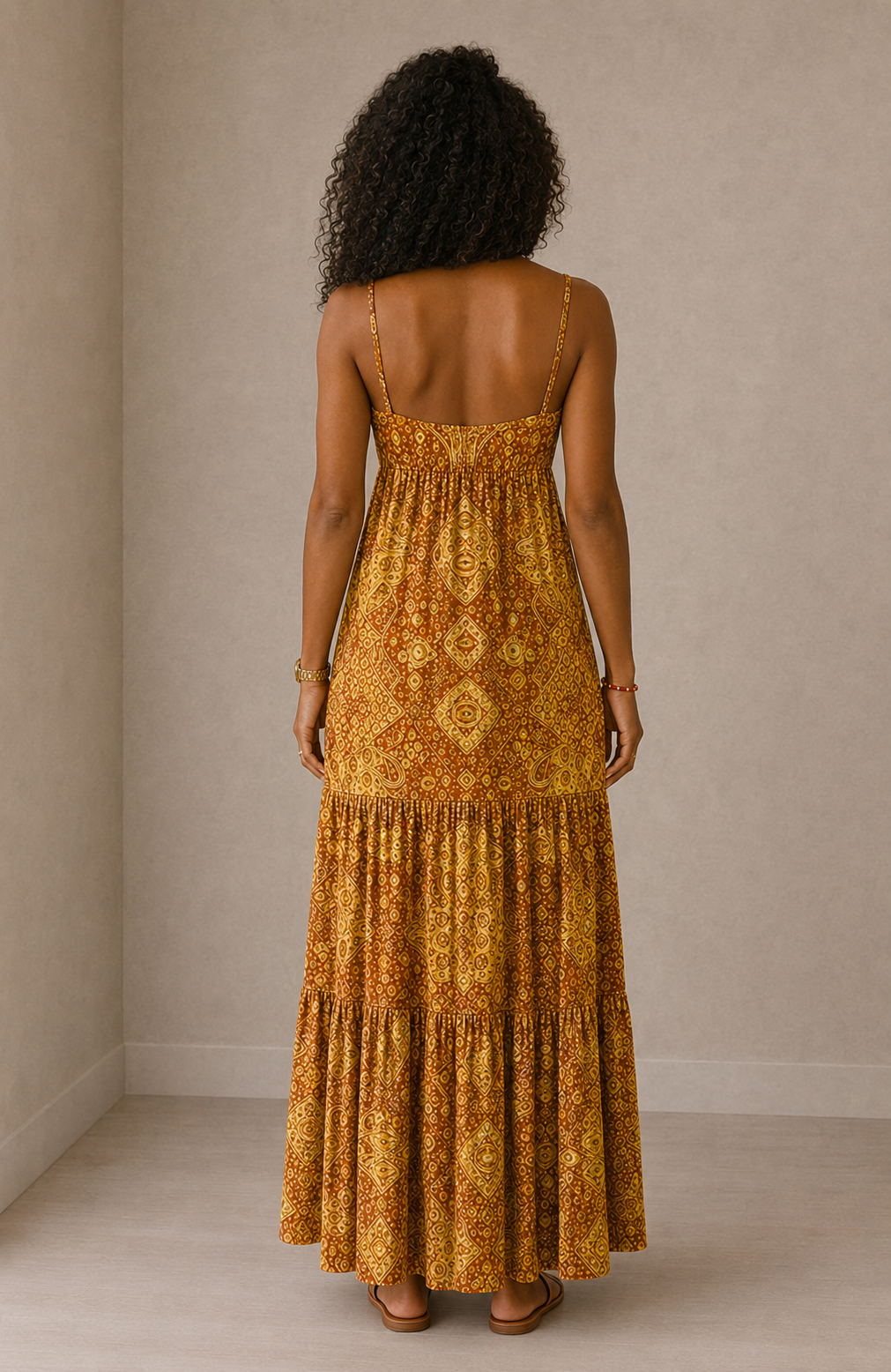 Vestido largo Cashia estampado mostaza, vista trasera de cuerpo entero