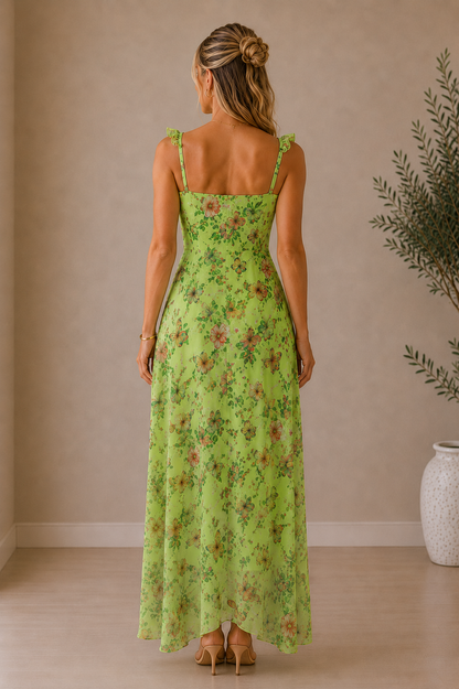 Vista de espalda del Vestido Cashia Garda Green con tirantes finos y falda de gasa