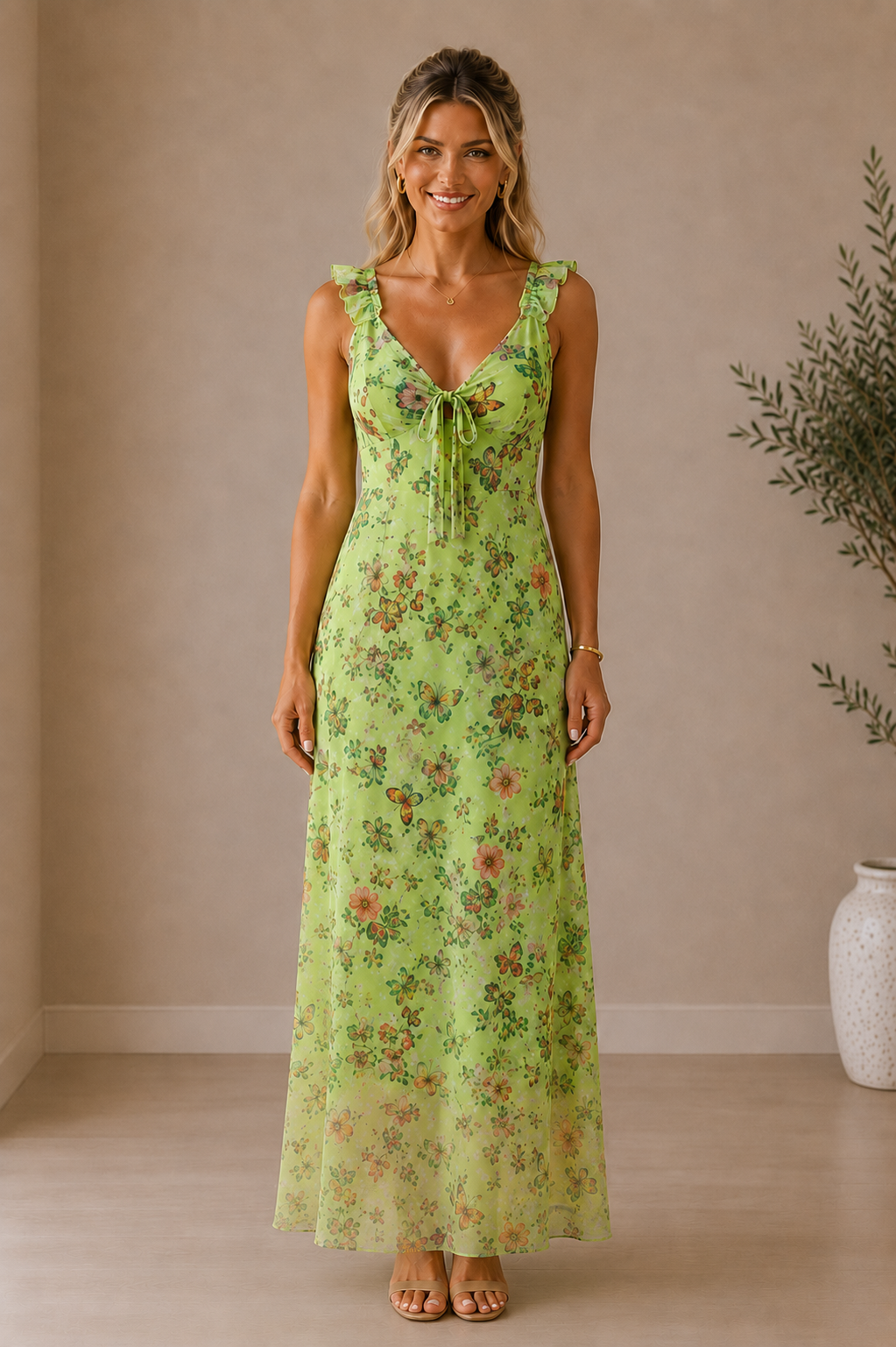 Vista frontal del Vestido Cashia Garda Green de gasa estampada con forro interior