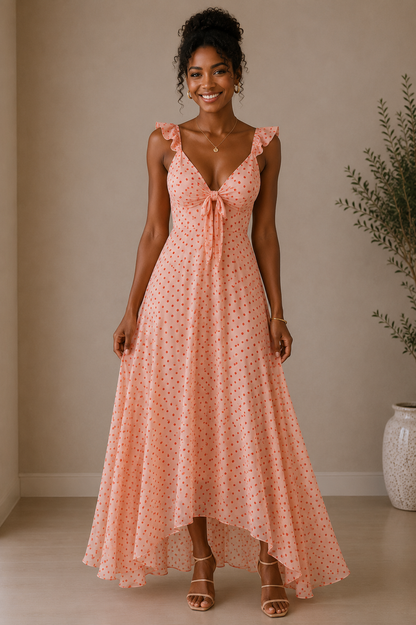 Vestido Cashia Garda color rosa con lunares coral, modelo Cashia de raza negra, elegante y maquillada, cuerpo entero frontal, fondo nude con suelo definido y sandalias de tiras.