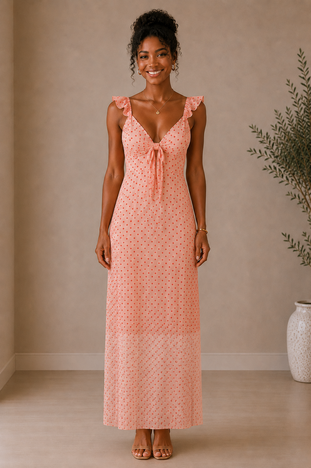 Vestido Cashia Garda Pink largo de gasa con lunares y forro interior más corto