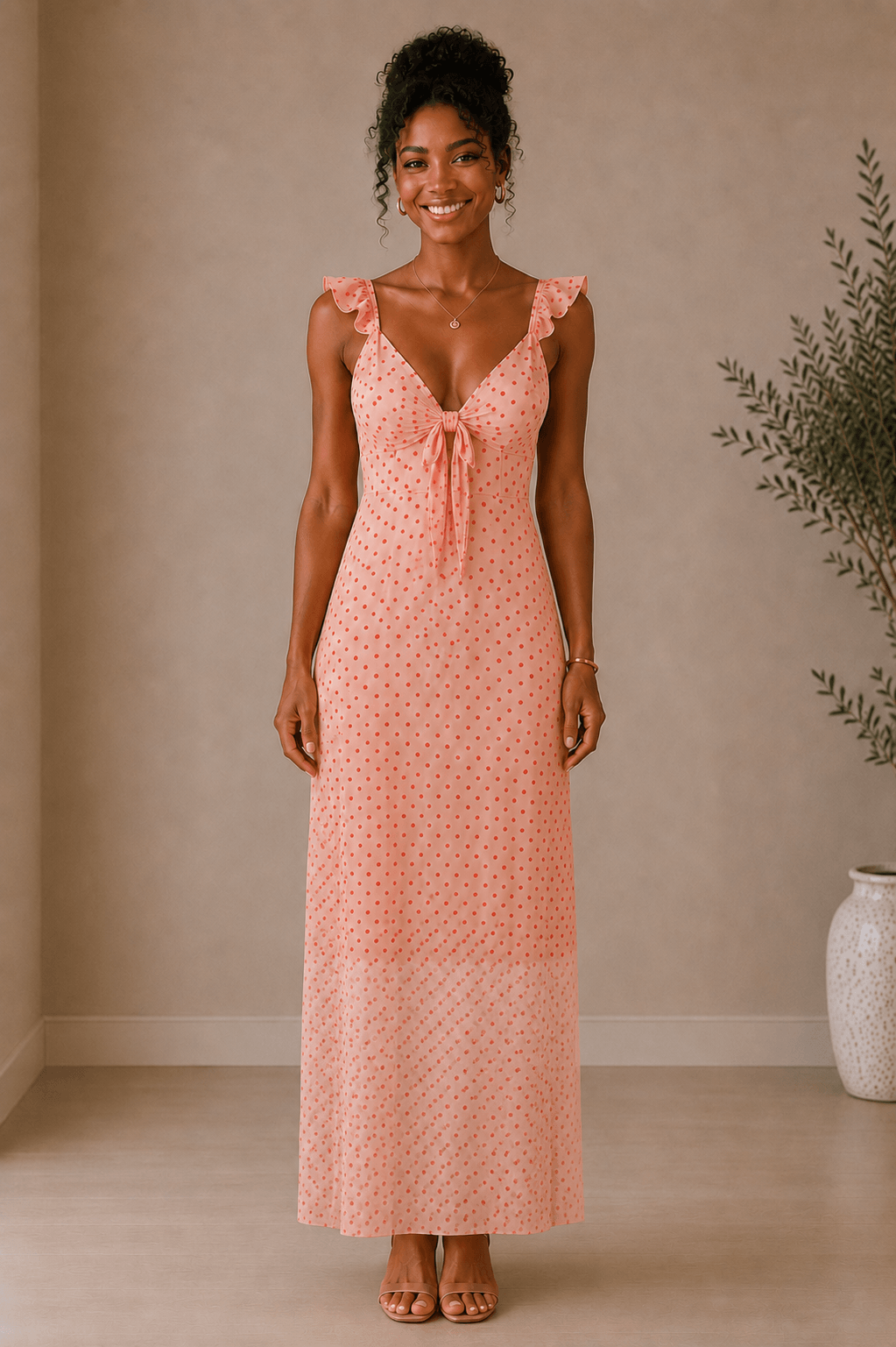 Vestido Cashia Garda Pink largo de gasa con lunares y forro interior más corto