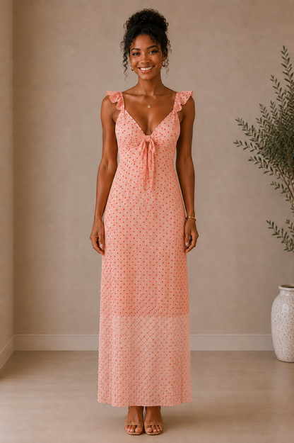 Vestido Cashia Garda Pink largo de gasa con lunares y forro interior más corto