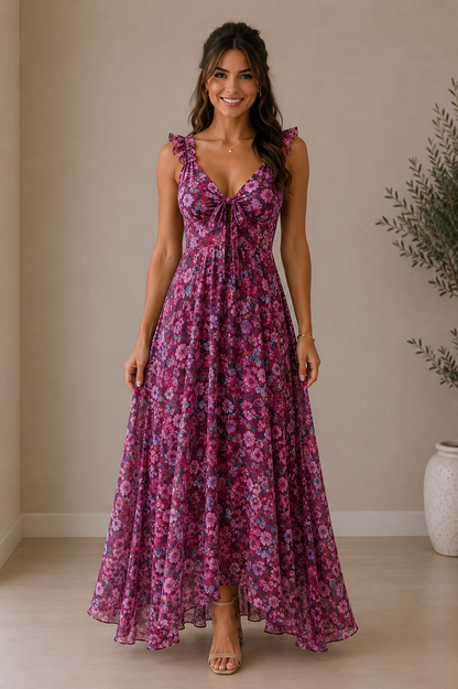Vestido Cashia Garda color rosa floral, modelo Cashia morena de 35 años, elegante y maquillada, cuerpo entero frontal, fondo nude con suelo definido y sandalias planas.