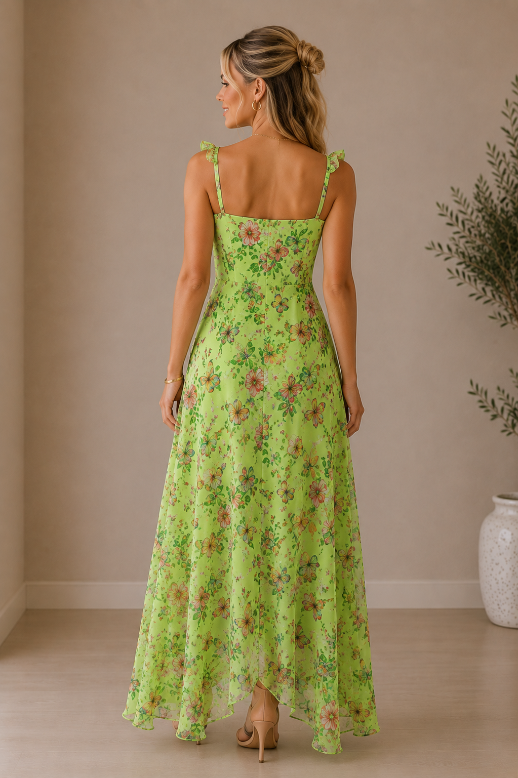 Espalda del Vestido Cashia Garda color verde floral, modelo Cashia rubia de 35 años con pelo semirecogido, mostrando la espalda recta y tirantes finos, fondo nude con suelo definido.