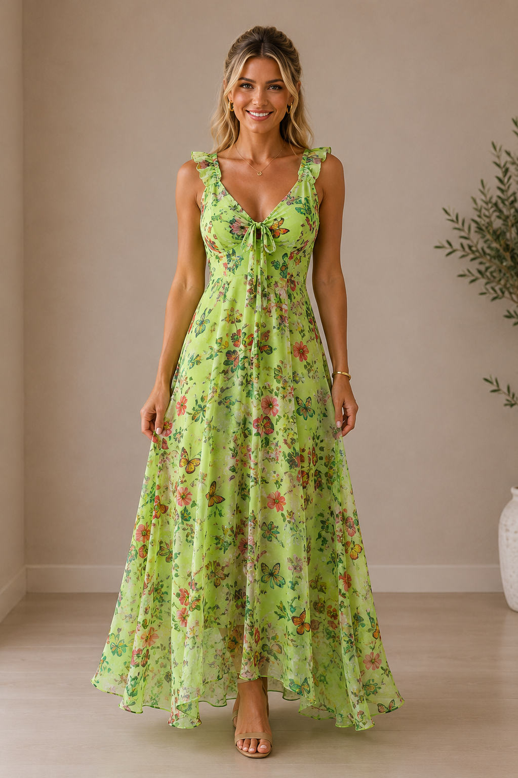 Vestido Cashia Garda color verde floral, modelo Cashia rubia de 35 años con pelo semirecogido, cuerpo entero frontal, fondo nude con suelo definido.