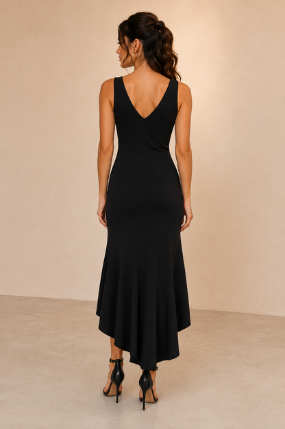 Vestido Cashia Marbella negro con modelo morena Cashia en vista trasera sobre fondo nude
