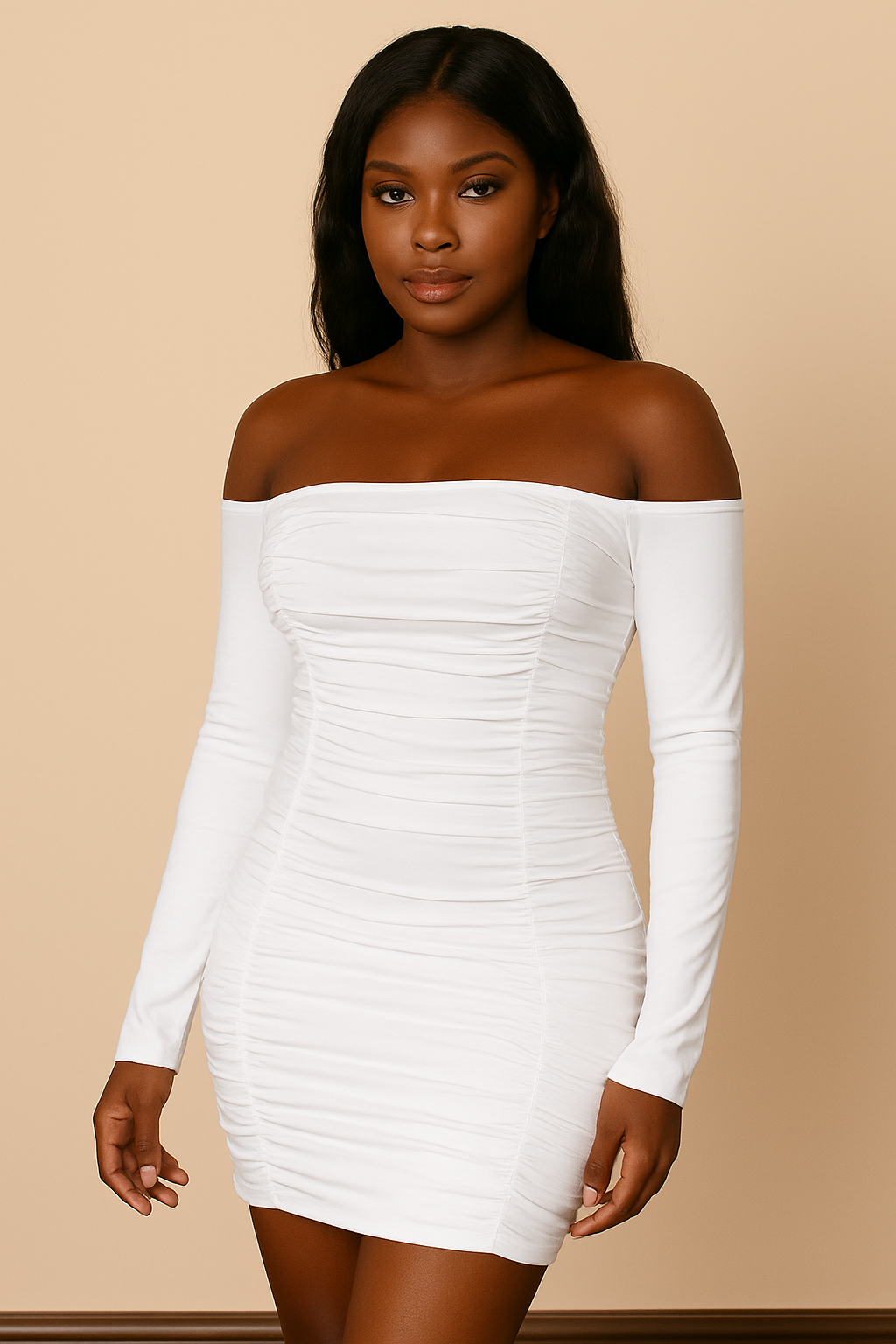 Vestido Cashia Miami, color blanco, entallado y fruncido, manga larga y hombros descubiertos, con  vista frontal de medio plano