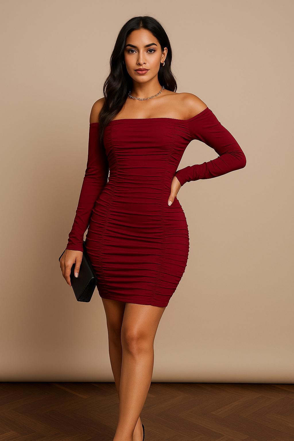 Vestido Cashia Miami, color rojo vino, entallado y fruncido, manga larga y hombros descubiertos, con  vista frontal de cuerpo entero