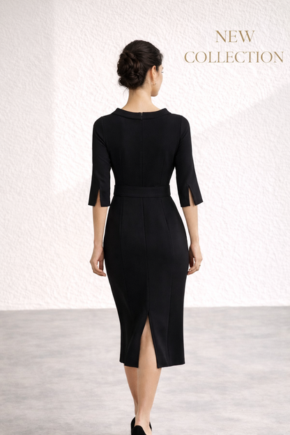 Vestido Cashia Milán negro elegante midi con cinturón visto por detrás