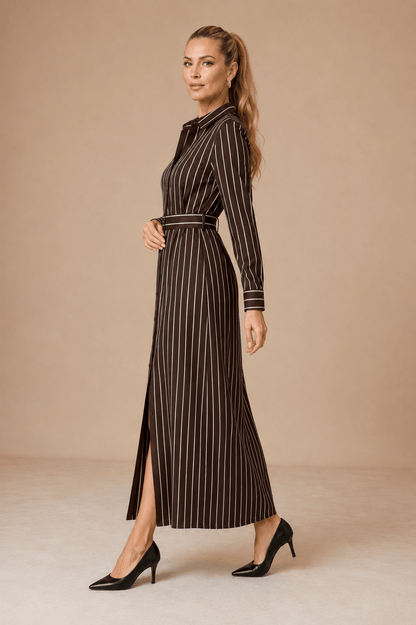 Vestido Cashia Módena marrón de rayas verticales, vista de perfil

