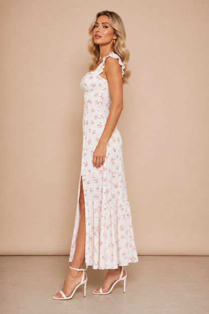 Vestido Cashia Nerja floral blanco vista lateral elegante