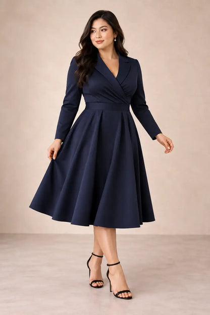 Modelo asiática talla L luciendo vestido Cashia París azul marino de manga larga y cintura definida.