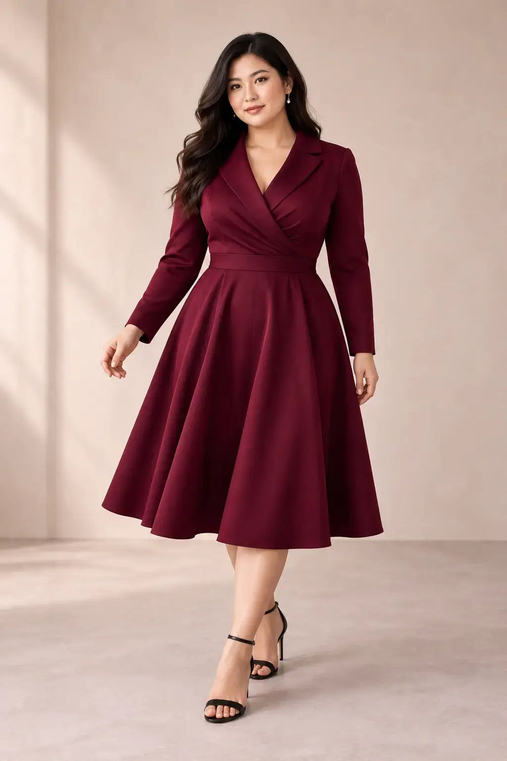 Modelo asiática talla L con vestido Cashia París burdeos, manga larga, cintura marcada y falda midi.