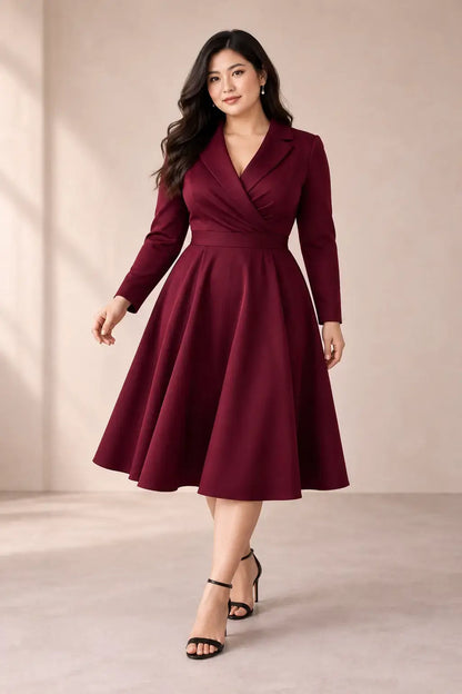 Modelo asiática talla L con vestido Cashia París burdeos, manga larga, cintura marcada y falda midi.