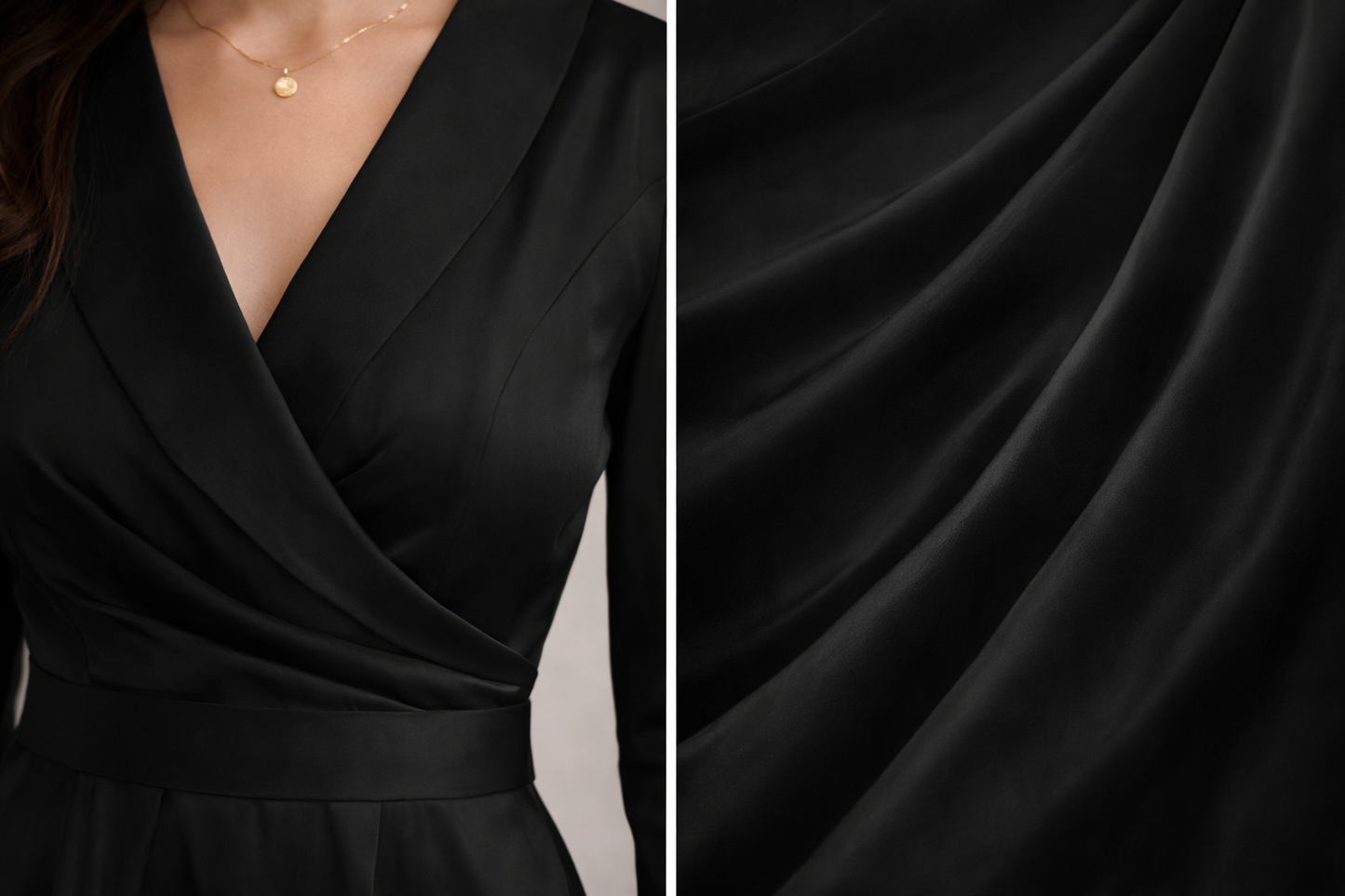 detalle escote cruzado vestido cashia paris satinado negro