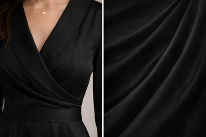 detalle escote cruzado vestido cashia paris satinado negro