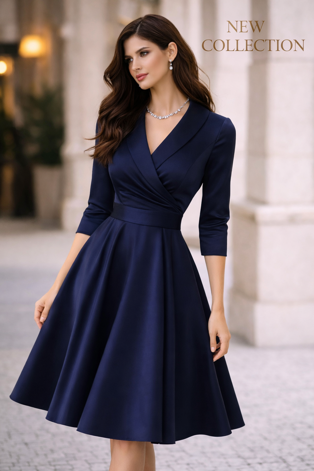 vestido cashia paris midi satinado azul marino medio plano nueva coleccion