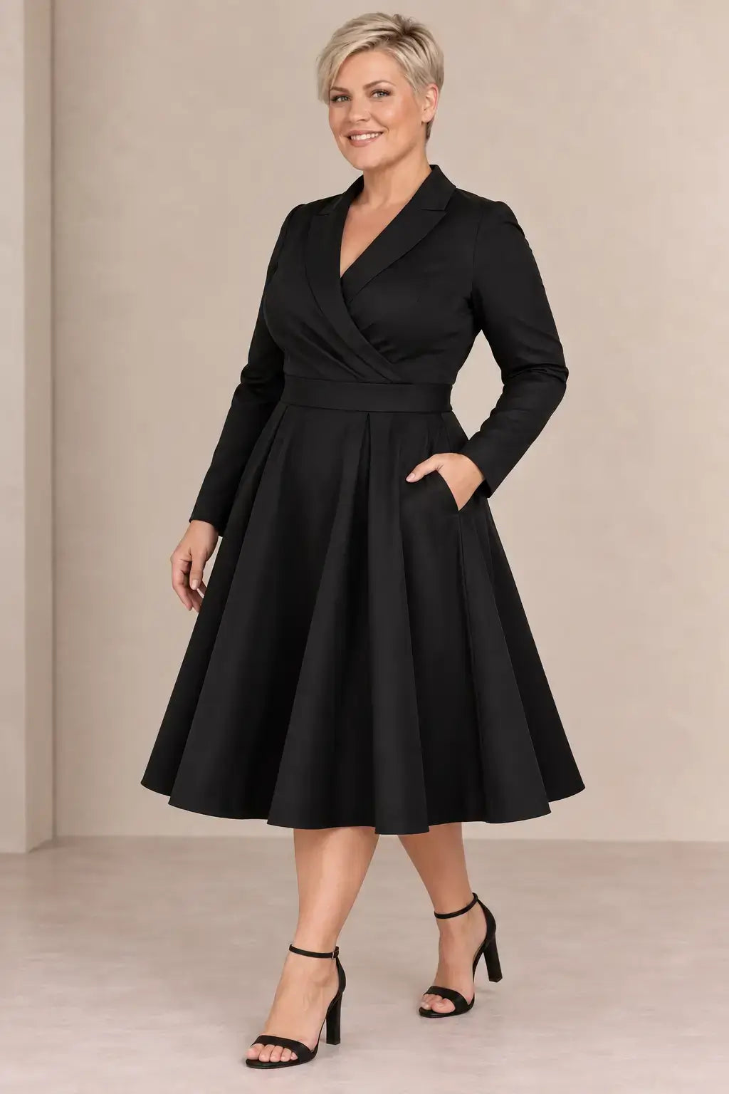 Vestido Cashia París negro en modelo rubia de pelo corto talla 2XL, escote cruzado, cintura marcada y falda midi.