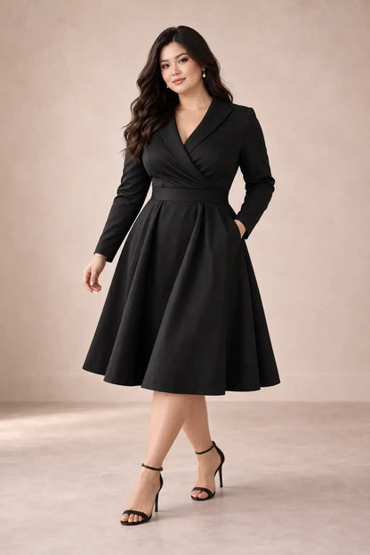 Vestido Cashia París negro en modelo asiática talla L con pelo largo suelto, escote cruzado y falda midi.
