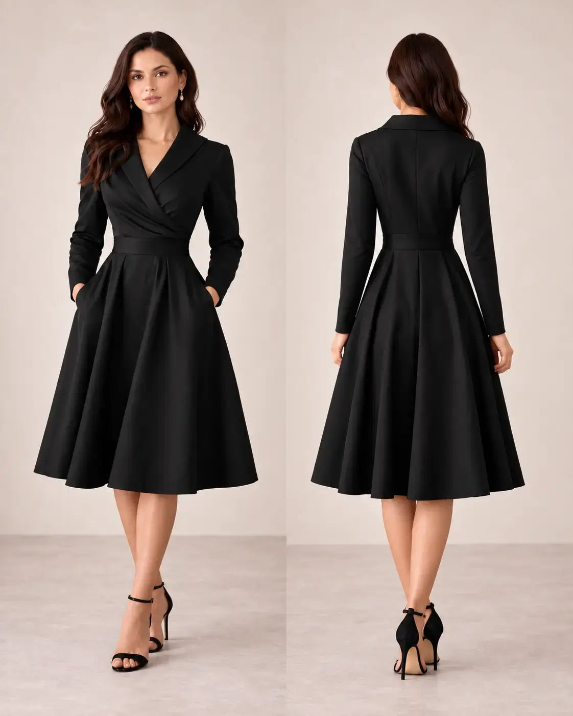 Vista trasera del vestido Cashia París negro en modelo morena talla S, manga larga y espalda lisa.