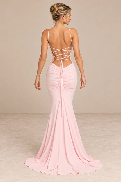 Vestido Cashia Ravello rosa, talla S, espalda abierta con cordones cruzados.