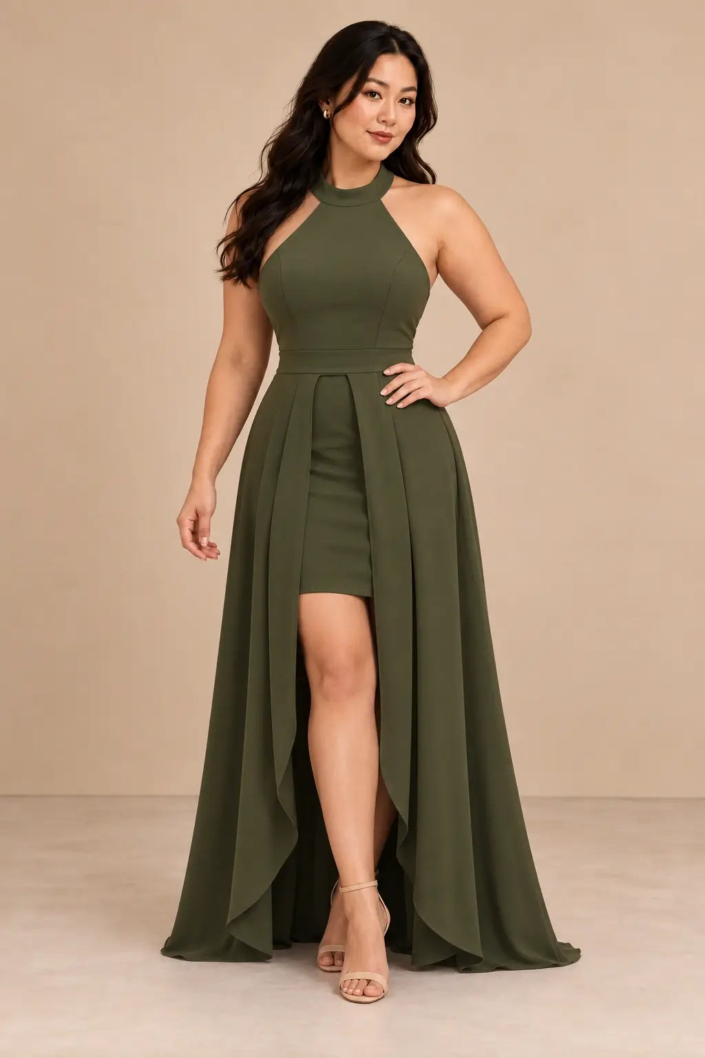 Vestido Cashia Rávena verde oliva, talla L, vista frontal con cuello halter y sobrefalda abierta.