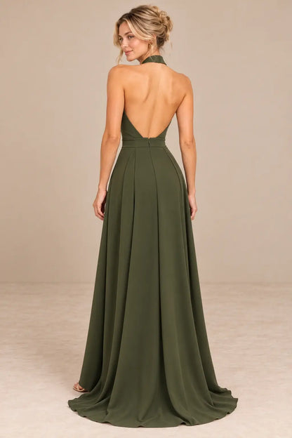 Vestido Cashia Rávena verde oliva, talla S, vista trasera con espalda descubierta.
