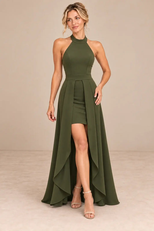 Vestido Cashia Rávena verde oliva, talla S, vista frontal con cuello halter y sobrefalda abierta.