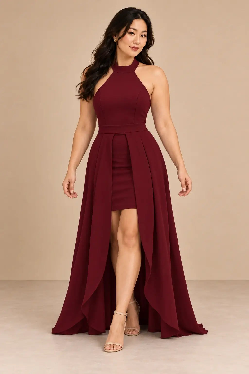 Vestido Cashia Rávena vino tinto, talla L, vista frontal con cuello halter y sobrefalda abierta.