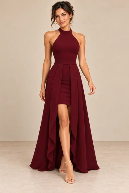 Vestido Cashia Rávena vino tinto, talla S, vista de perfil con cintura marcada y falda larga.