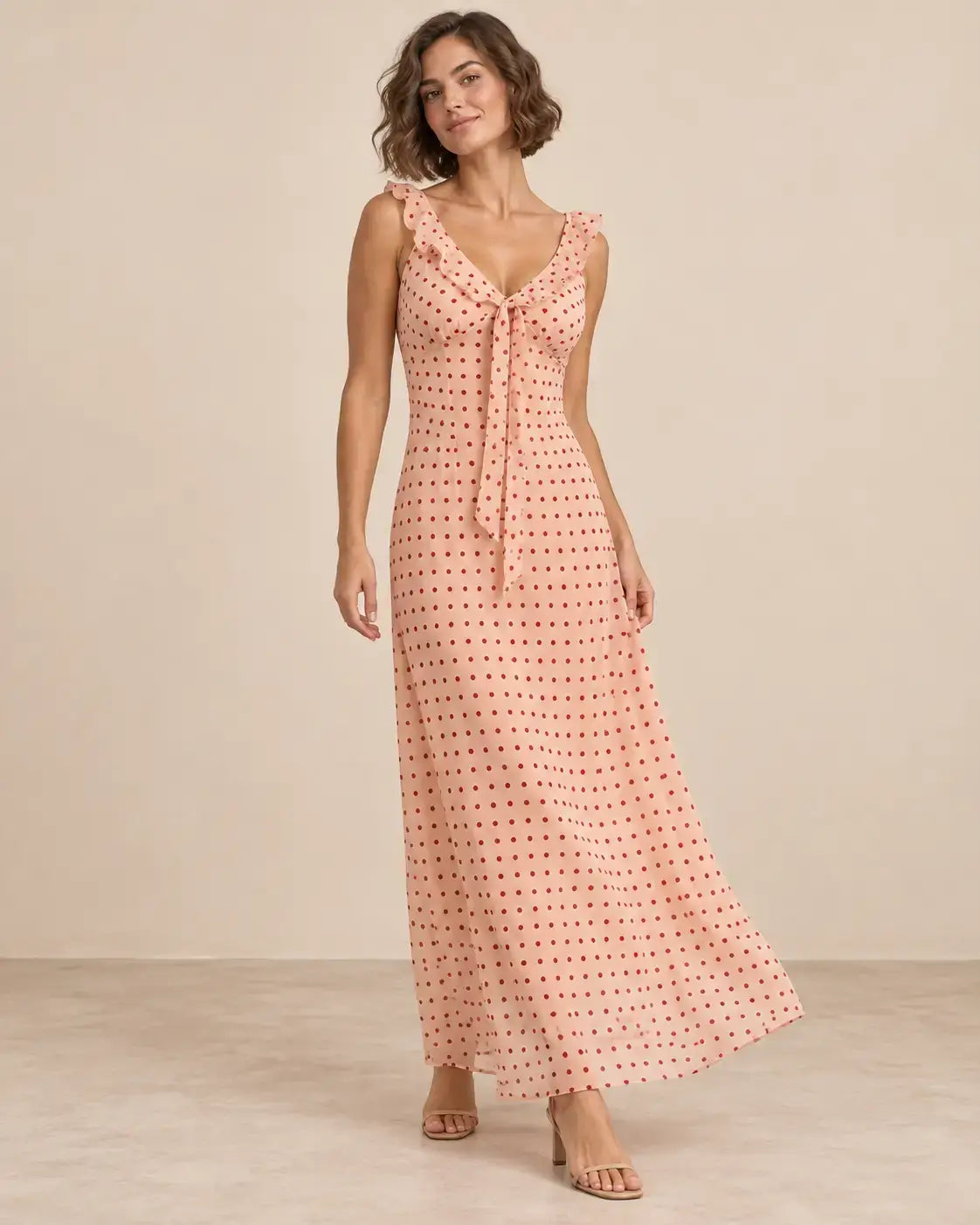Modelo Cashia talla M con vestido largo rosa de lunares rojos, escote en V con lazada y caída recta y fluida.