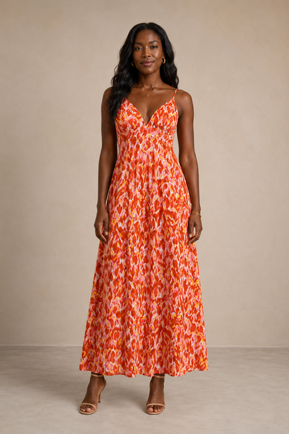 Modelo de raza negra con Vestido Cashia Salerno estampado, vista frontal de cuerpo entero.