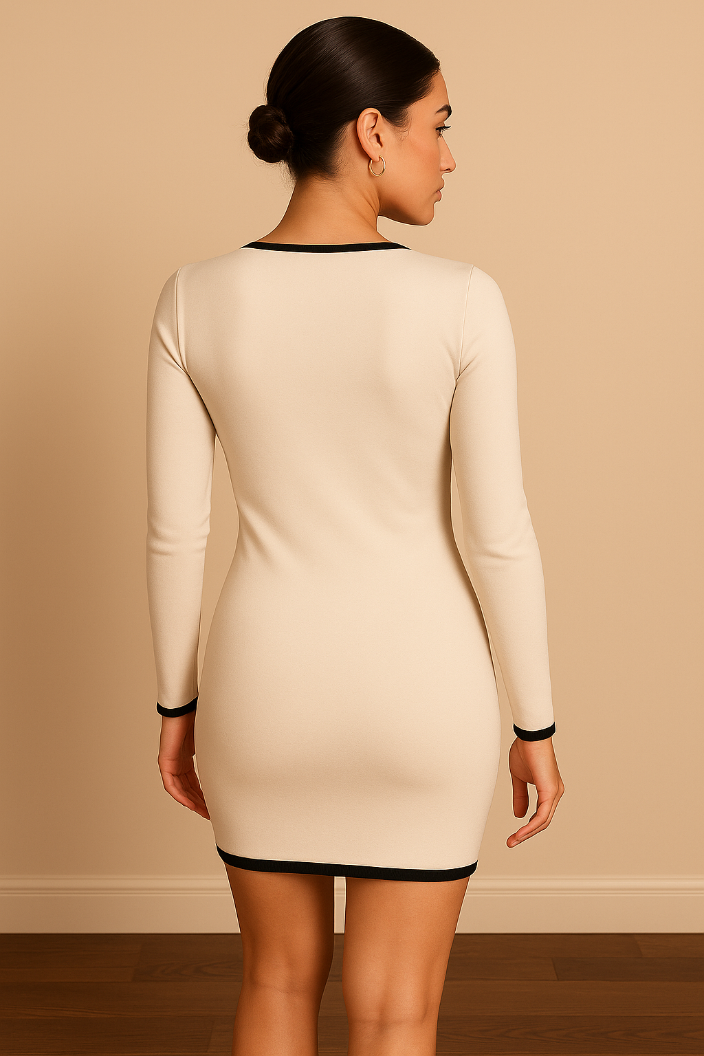 Vestido Cashia Seattle, color crudo, entallado y con detalles en negro, vista de espaldas