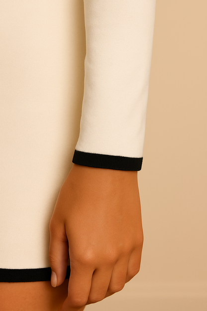 Vestido Cashia Seattle, color crudo, entallado y con detalles en negro, detalle de la manga