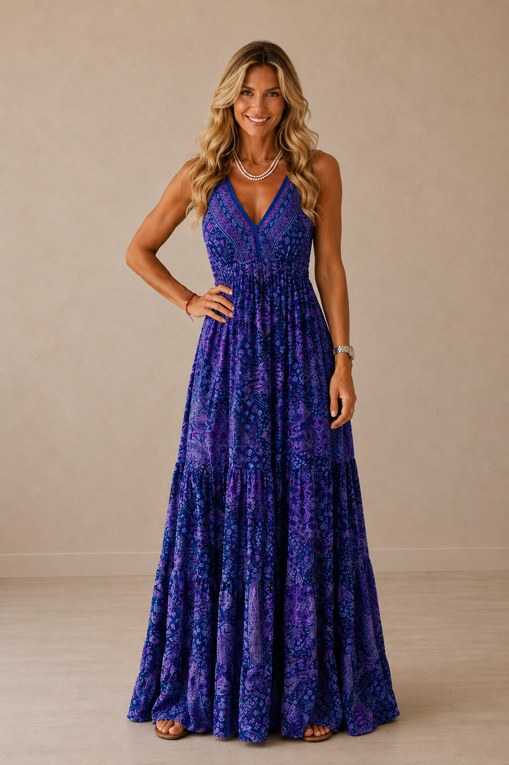 Vestido Cashia Taormina color azul con estampado bohemio, modelo Cashia rubia de 35 años, cuerpo entero frontal, fondo nude con suelo definido y sandalias planas.