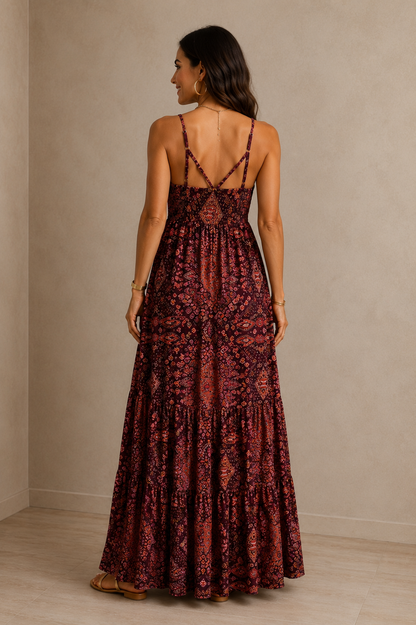 Espalda del Vestido Cashia Taormina color burdeos con tirantes cruzados, modelo Cashia morena de 35 años, fondo nude y suelo definido.