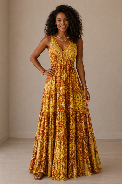Vestido Cashia Taormina color mostaza con estampado bohemio, modelo Cashia de raza negra, cuerpo entero frontal, fondo nude con suelo definido y sandalias planas.