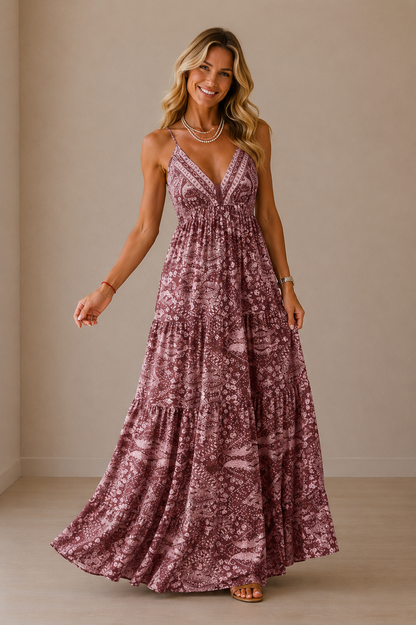 Vestido Cashia Taormina color rosa empolvado con estampado bohemio, modelo Cashia rubia de 35 años, cuerpo entero frontal, pose elegante, fondo nude con suelo definido y sandalias planas.